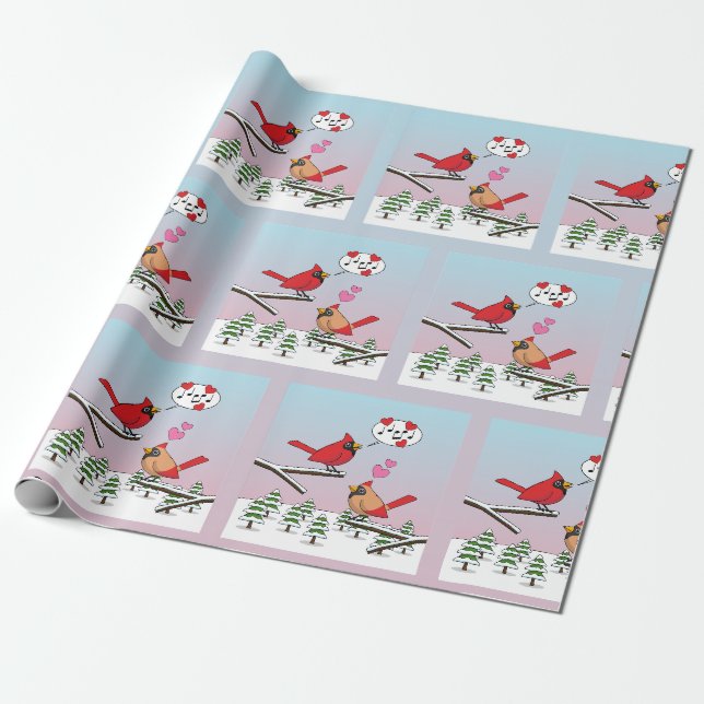 Papier Cadeau Cardinaux du Nord Rouge mignonne Amour Paysage hiv (Déroulé)