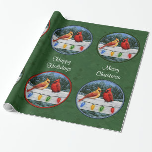 Papier Cadeau Cardinaux et lumières de Noël Vert