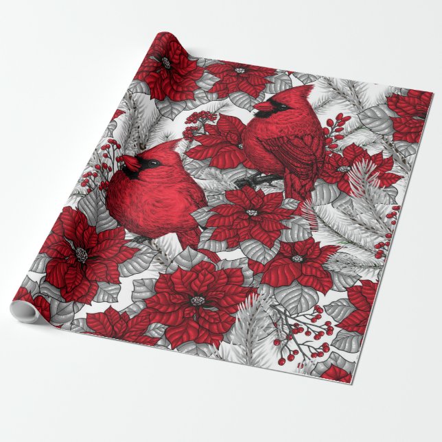 Papier Cadeau Cardinaux et poinsettia en rouge et blanc (Déroulé)