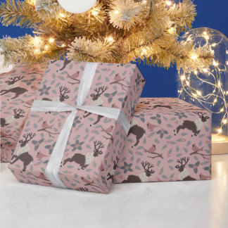 Papier Cadeau Cardinaux roses et rennes