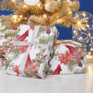 Papier Cadeau Cardinaux rouges, baies et fleurs de Poinsettia