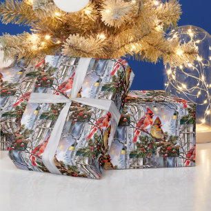 Papier Cadeau Cardinaux rouges et baies sauvages Noël d'hiver