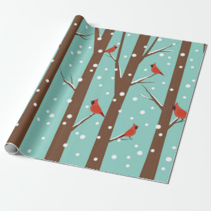 Papier Cadeau Cardinaux rouges mignons perchés sur les arbres d