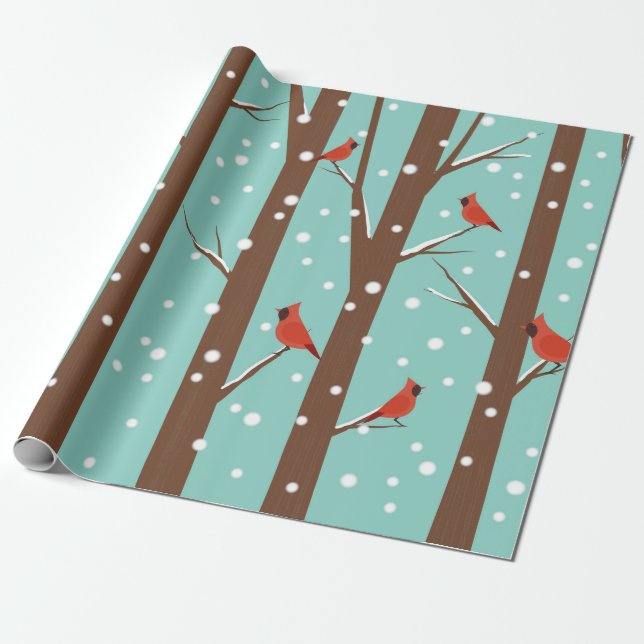 Papier Cadeau Cardinaux rouges mignons perchés sur les arbres d' (Déroulé)