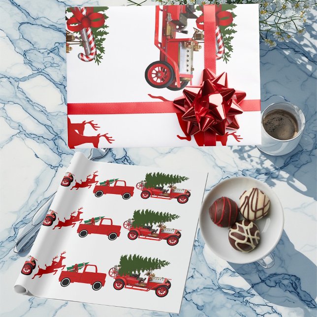 Papier Cadeau Cargaison de Noël Red Green Reindee (Red Green Retro Truck Reindeer Christmas Cargo Wrapping Paper)