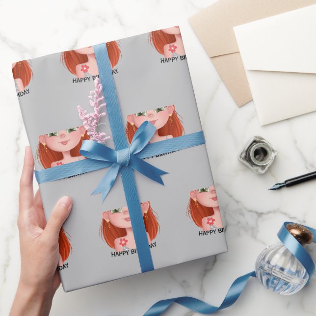 Papier Cadeau Caricature Anniversaire avec cheveux rouges (Cadeaux)