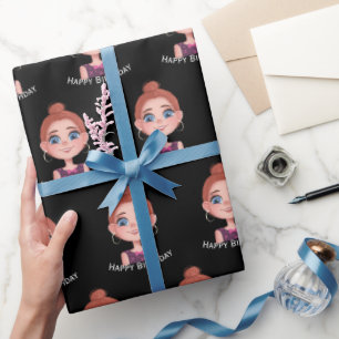 Papier Cadeau Caricature Anniversaire Fille aux grands yeux