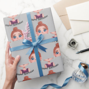 Papier Cadeau Caricature Anniversaire Fille aux grands yeux