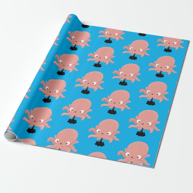 Papier Cadeau Caricature de bébé pieuvre rose mignonne humour (Déroulé)