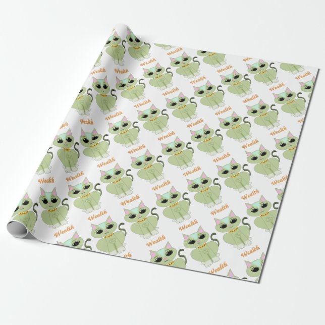 Papier Cadeau Caricature de chat kitty vert mignon (Déroulé)