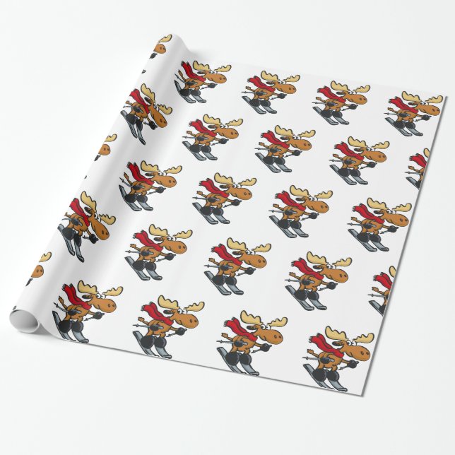 Papier Cadeau Caricature de Moose Skier| choisir la couleur arri (Déroulé)