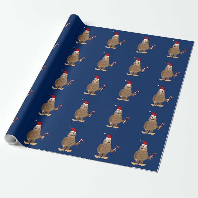Papier Cadeau Caricature de Noël de Funny Bigfoot à Santa hat (Déroulé)