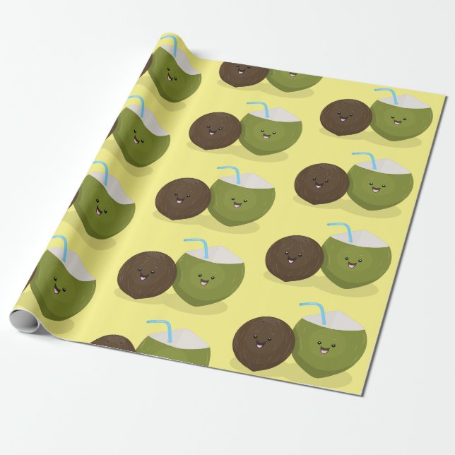 Papier Cadeau Caricature de noix de coco kawaii joyeux (Déroulé)