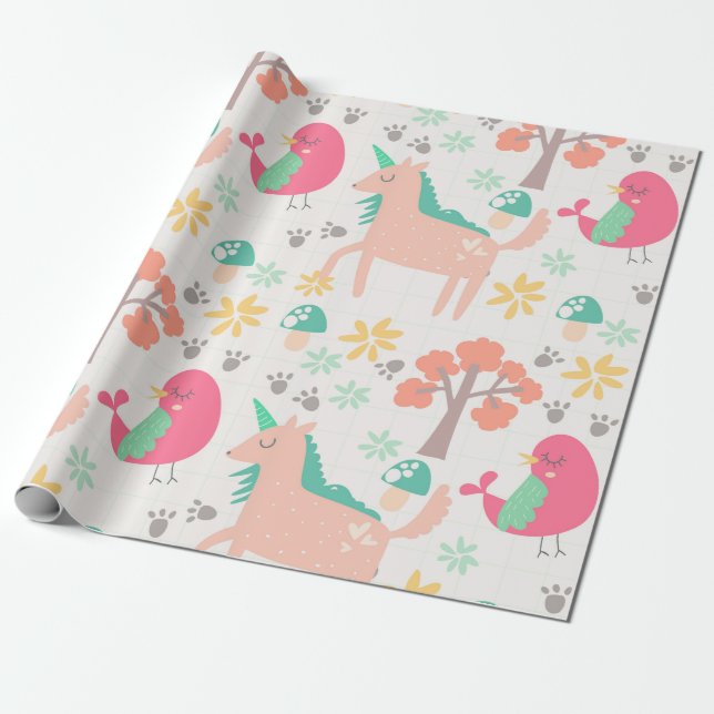 Papier Cadeau Caricature mignonne licorne et motif d'oiseaux (Déroulé)