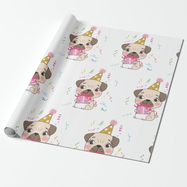 Papier Cadeau Carlin Birthday Cute Dog Motif (Déroulé)