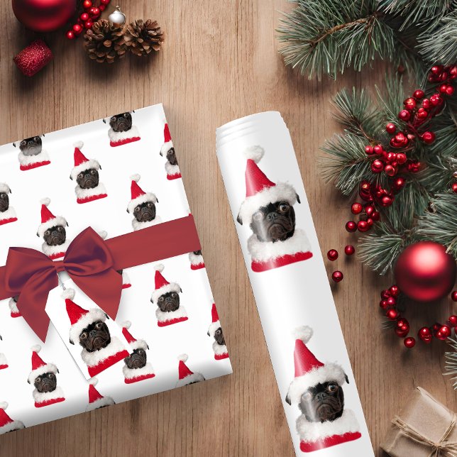 Papier Cadeau Carlin noir mignon à Santa Hat Noël (Créateur téléchargé)