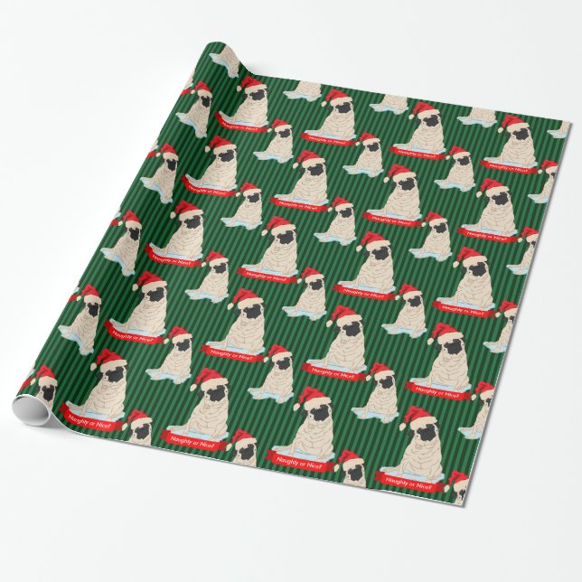 Papier Cadeau Carlin personnalisé Naughty Nice Santa Hat Noël (Déroulé)