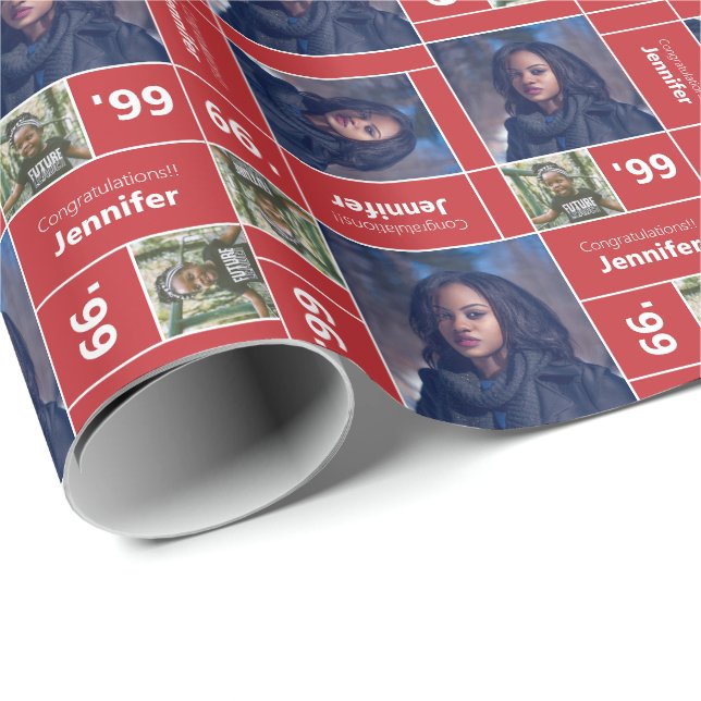 Papier Cadeau Carré Photo Graduation Classe Année Rouge (Coin rond)