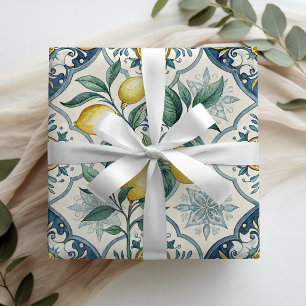 Papier Cadeau Carreau bleu motif citron pays français