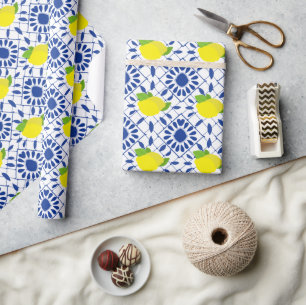 Papier Cadeau Carreau de citron géométrique bleu