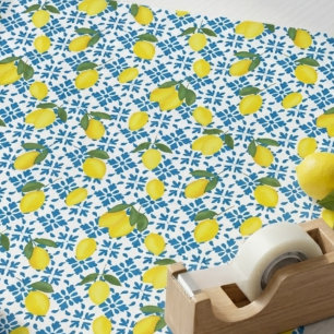 Papier Cadeau Carreau de style français bleu motif citron