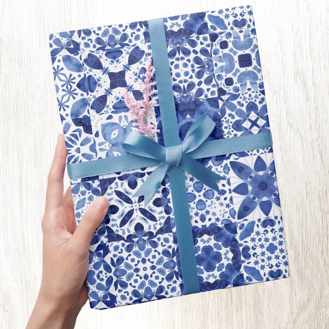 Papier Cadeau Carreaux Bleus Bleu Méditerranéen Motif Aquarelle (Mediterranean tile pattern blue and white geometric watercolor gift wrap paper)
