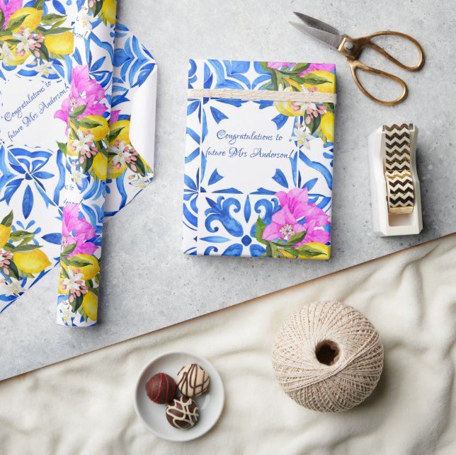 Papier Cadeau Carreaux bleus Bougainvillea élégant personnalisé (Artisanat)