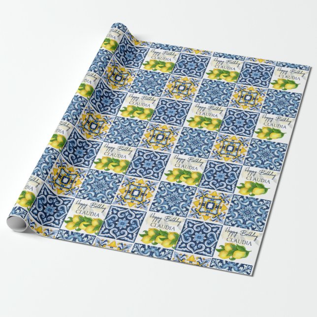 Papier Cadeau Carreaux bleus citron Amalfi Positano anniversaire (Déroulé)