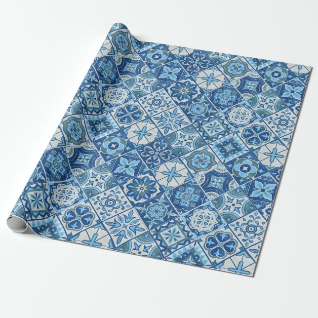 Papier Cadeau Carreaux bleus traditionnels (Déroulé)
