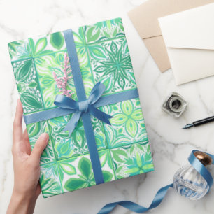 Papier Cadeau Carreaux décorés en vert et blanc