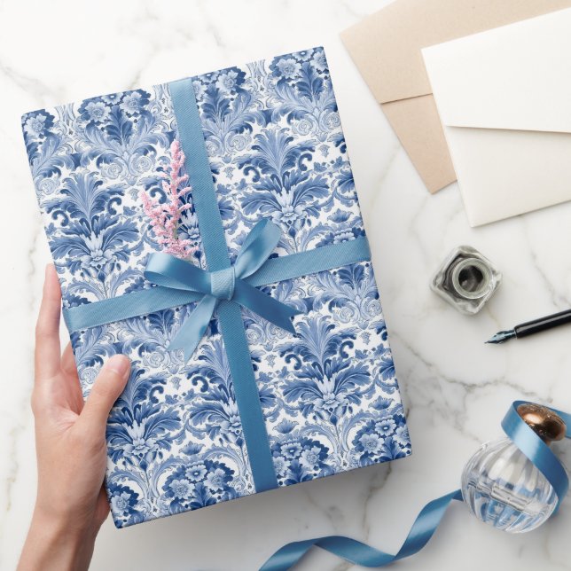 Papier Cadeau Carreaux d'Espagne bleu et blanc en damas Floral (Cadeaux)