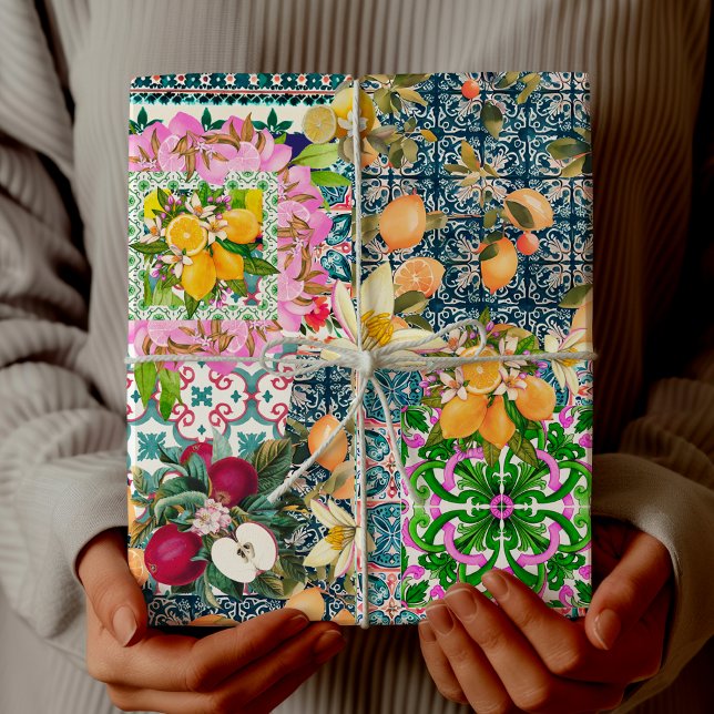 Papier Cadeau Carreaux floraux d'agrumes siciliens bleu chic (Créateur téléchargé)