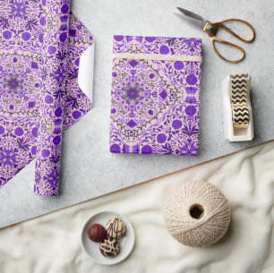 Papier Cadeau Carreaux floraux en violet et coton bonbon rose