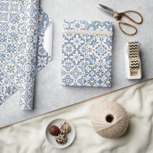 Papier Cadeau Carreaux Méditerranéens, Marocains, Majolique, Azu