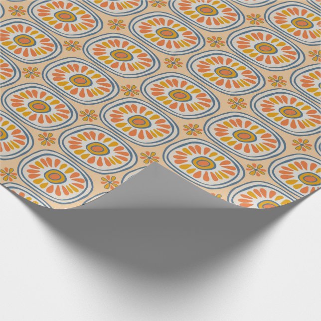 Papier Cadeau Carreaux ronds rétro Mexique Daisy Motif Orange BL (Coin)