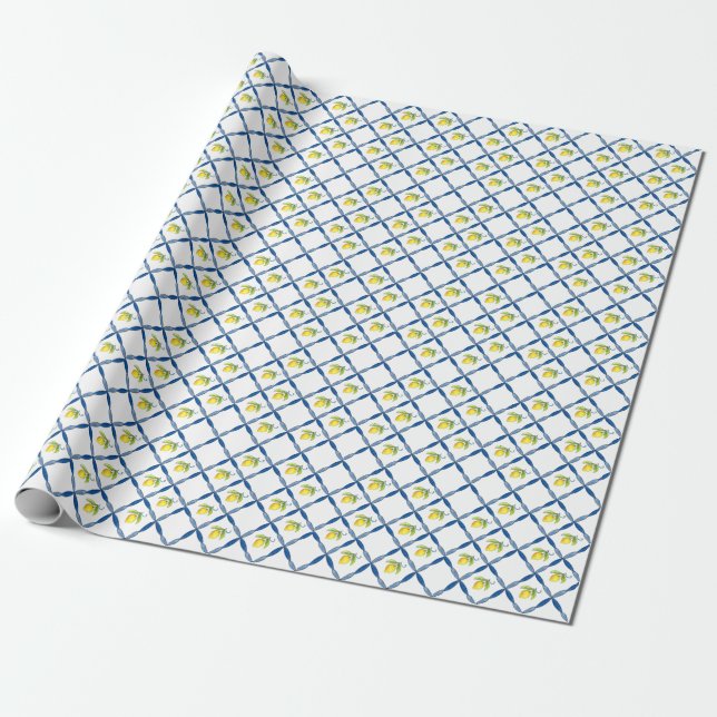 Papier Cadeau Carrelage bleu et blanc avec citrons (Déroulé)
