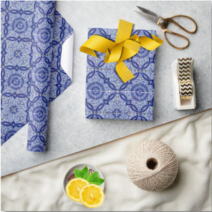 Papier Cadeau Carrelage bleu et blanc méditerranéen Motif