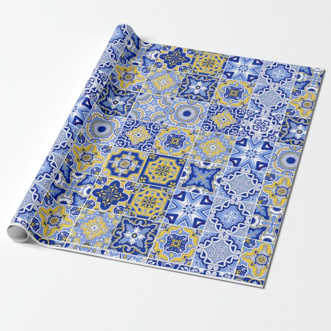 Papier Cadeau Carrelage bleu méditerranéen et Mariage d'agrumes (Déroulé)