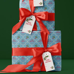 Papier Cadeau Carrelage bleu pétoncle Spriges de Noël personnali
