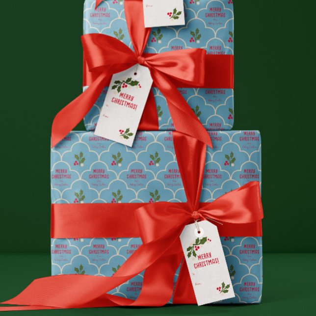 Papier Cadeau Carrelage bleu pétoncle Spriges de Noël personnali (preppy ice blue scallops with custom text Christmas holiday gift wrapping paper)