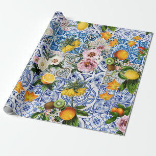 Papier Cadeau Carrelage de style sicilien avec fleurs et citron
