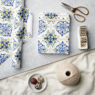 Papier Cadeau Carrelage floral citron italien Découpage bleu et 