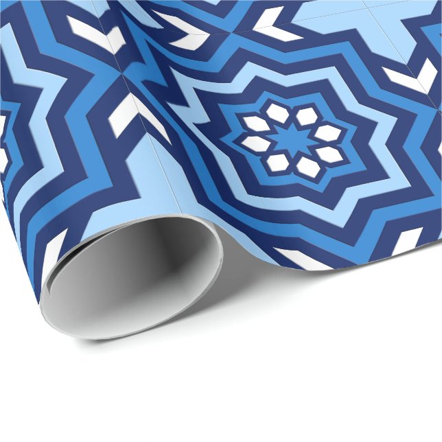 Papier Cadeau Carrelage marocain, Cobalt, Marine et Bleu clair (Coin rond)