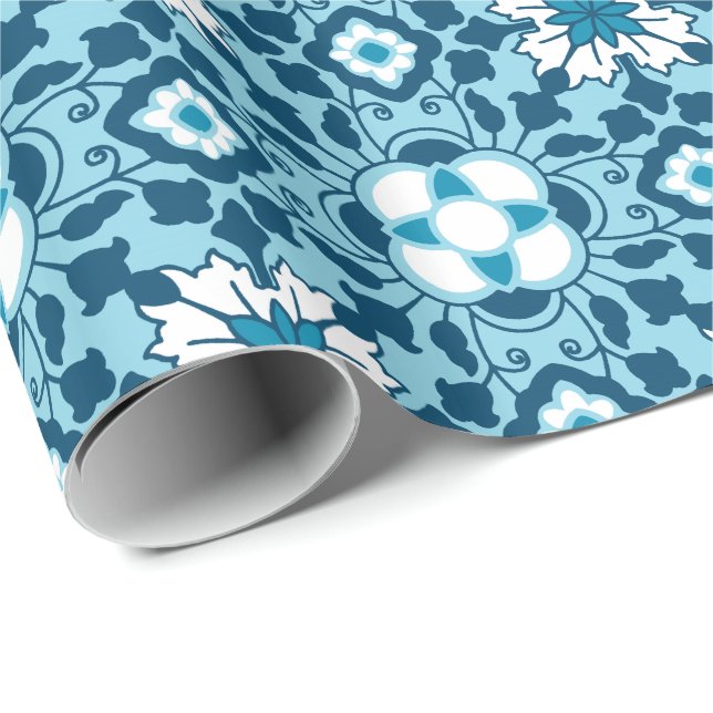 Papier Cadeau Carrelage marocain floral, Indigo, bleu ciel et bl (Coin rond)