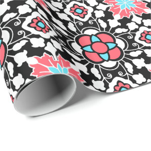 Papier Cadeau Carrelage marocain floral, noir, blanc et rose cor