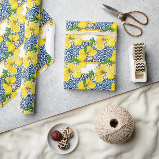 Papier Cadeau Carrelage méditerranéen clair Sicilien Citrus Lemo (Artisanat)