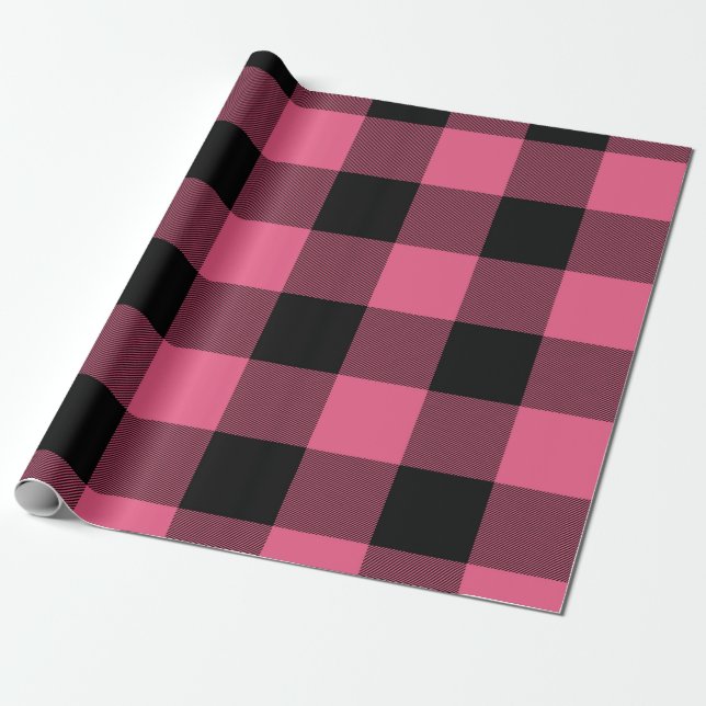 Papier Cadeau Carrés à carreaux rose et noir Plaid de Buffalo (Déroulé)