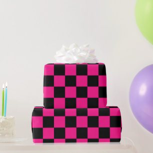 Papier Cadeau Carrés à carreaux rose vif noir géométrique rétro