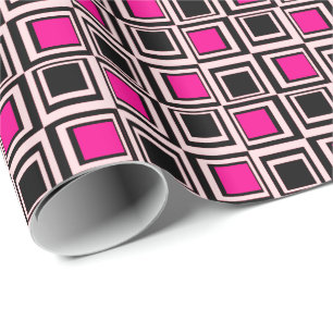 Papier Cadeau carrés modernes, rose clair, rose chaud et noir
