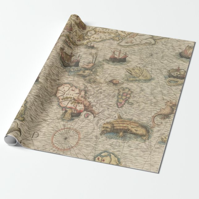 Papier Cadeau Carte antique et Créatures marines (Déroulé)